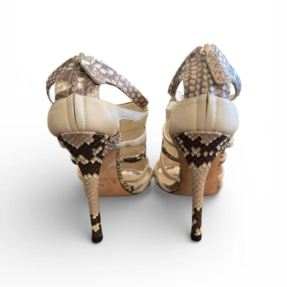 Gucci Size 37 Python & Beige Suede Cage Sandal Heels Ankle Zip Open Toe New
